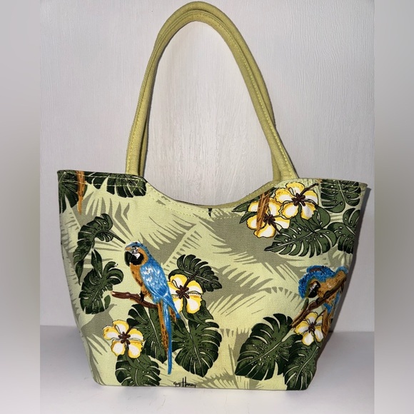 Guy Harvey Canvas Tote Bag Sequin Bead Parrot Bird Lime Blue Tropical Beach Tote - Picture 2 of 10